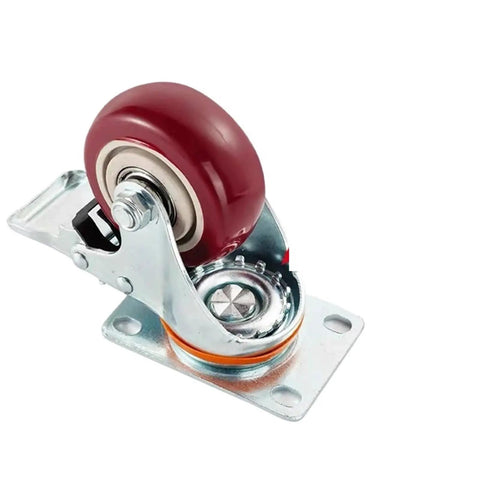 Four Inch Heavy Duty Stem Casters With Ultra Quiet 360 Swivel Roll And Rock Solid Locking Brakes Smooth Operator Standard metal caster wheel with red rubber tire.