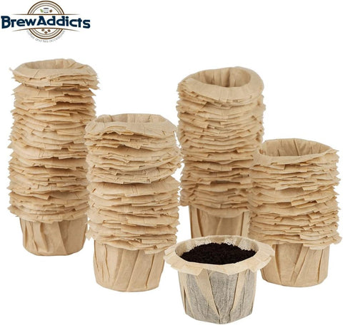 Stacks of brown unbleached coffee filters for reusable single serve pods in natural paper for clean smooth brew fits Keurig 1.0 2.0 and K-Cup pods