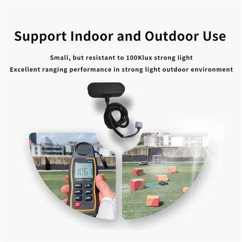 TOFSense M S LiDAR Ranging Sensor Range Finder Module With 3D Field Of View 65 Degrees 8 By 8 Point Array UART And CAN Interfaces Compatible With STM32 APM And Pixhawk Flight Controllers shown in outdoor use, measuring distance with a digital display.