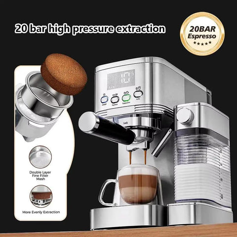 Top Shelf 20 Bar Espresso Machine With Built In Milk Frother And Three Speed Temperature Control Makes Buttercream Cappuccinos And Silky Lattes Houses A Big Water Tank And Slim Milk Reservoir Pull Pro Grade Shots Any Day Without Missing A Beat, showing espresso extraction process.