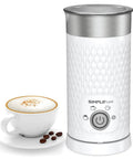 4 In 1 Electric Milk Frother And Warmer For Lattes And Cappuccinos, Auto Warm And Cold Foam Maker next to a cup of cappuccino