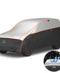 Beefed Up Heavy Duty Hail Protection Car Cover For SUV Waterproof Padded Outdoor Shield With Reflective Stripes on an SUV.