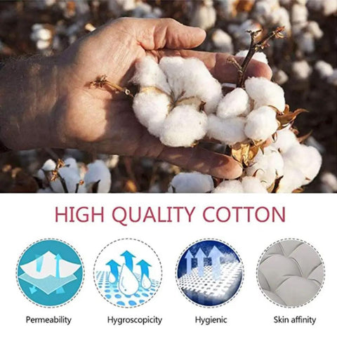 Person holding high quality cotton, highlighting features like permeability, hygroscopicity, hygienic properties, and skin affinity.
