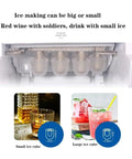 Countertop Ice Maker With Portable Cube Machine For Home Or Bar, showcasing small and large ice cubes for drinks.