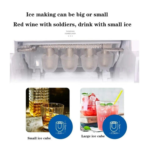 Countertop Ice Maker With Portable Cube Machine For Home Or Bar, showcasing small and large ice cubes for drinks.