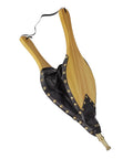 Top Shelf 19 Inch Oversized Fire Bellows Hand Carved From Dense Oak Wood With Genuine Leather Accents And Rustic Studs, angled view.