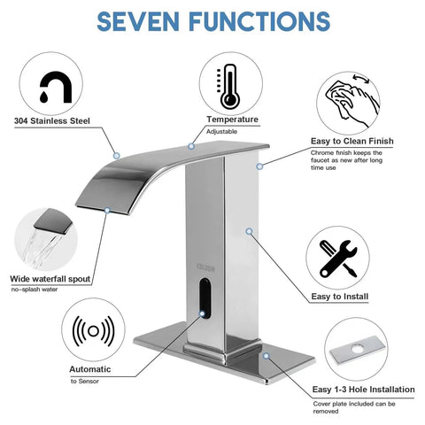 Touchless Sensor Bathroom Faucet With Infrared Motion, Hands Free Chrome Waterfall Sink Faucet For 1 Hole, Stainless Steel Lavatory Tap, Battery Powered By 4 AA Batteries, Adjustable Temperature Mixing Valve