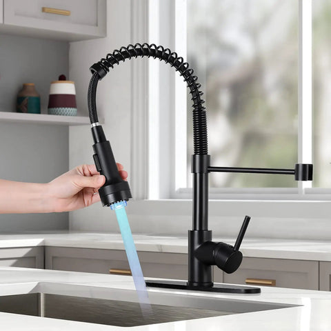 Pull Down Kitchen Faucet With LED Light And Sprayer Single Handle 1 Or 3 Hole Install Deck Plate Included Farmhouse Style Sink Tap