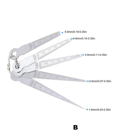 5 Piece Pro Grade Steel Feeler Gauges Set With 0.1mm Resolution For Tight Space Measurement Up To 10mm In Welding And Mechanical Inspection, Tapered Design For Easy Insertion And Rugged Performance displaying five stainless steel blades with measurements