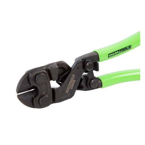Beefy 8 Inch Heavy Duty Bolt Cutter With Induction Hardened Blades, green handles, close-up of cutting head