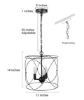 "Go-To Industrial Farmhouse Pendant Light for Kitchen Island and Dining Room, Black Cylinder Foyer Pendant Fixture With 13 Inch Diameter and Three Candle Socket Cage" with dimensions and features shown including adjustable chain and sloped ceiling compatibility.