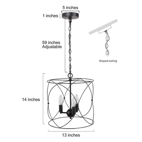 "Go-To Industrial Farmhouse Pendant Light for Kitchen Island and Dining Room, Black Cylinder Foyer Pendant Fixture With 13 Inch Diameter and Three Candle Socket Cage" with dimensions and features shown including adjustable chain and sloped ceiling compatibility.
