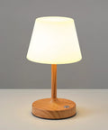 Cordless LED Wood-Grain Table Lamp With Waterproof Shower Design, Battery-Powered Desk Light, Wooden Base, Illuminated Shade