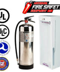 Rock Solid Stainless Steel Water Fire Extinguisher Two Five Gallon Refillable Class A Rated UL Listed with quick mount cabinet.