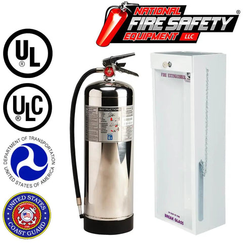 Rock Solid Stainless Steel Water Fire Extinguisher Two Five Gallon Refillable Class A Rated UL Listed with quick mount cabinet.
