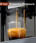 Fully Automatic Espresso Machine With Built-In Grinder, 20 Bar Pressure pouring espresso into glass cup
