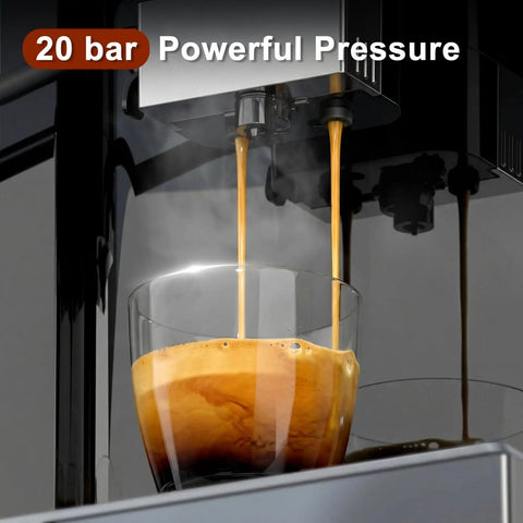 Fully Automatic Espresso Machine With Built-In Grinder, 20 Bar Pressure pouring espresso into glass cup