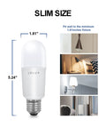 Diagram of Enclosed Fixture LED Stick Bulbs 14W, 100W Equivalent, 5000K Daylight, 1.81 inch slim E26 base and usage examples.