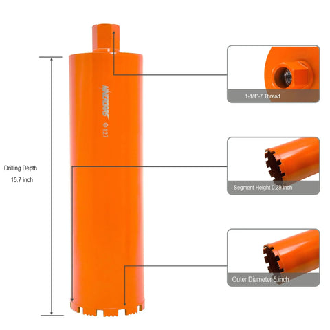 5 Inch Wet Diamond Core Drill Bit For Concrete Reinforced Concrete And Hard Masonry With 1-1/4 Inch To 7 Thread Arbor 10mm Segment Height 15.7 Inch Drilling Depth Pro Grade Go-To Core Bit For Brick Block And Stone with orange body, showing drilling depth and thread details.
