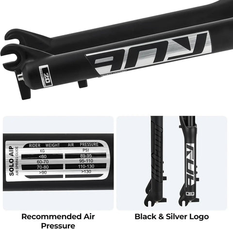 Fat Bike Suspension Fork For 20 Inch MTB With 4.0 Tire Snow Beach Dual Shoulder Fat Fork 130mm Travel Straight One And One Eighth Steerer QR 9mm Axle 7075 Aluminum Alloy Upgraded Lightweight Black close-up with black and silver logo, recommended air pressure guide.