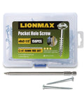 Pocket Hole Wood Screw Set 8 X 2-1/2 Inch, 285 Pieces, Zinc Plated Coarse Thread with Washer Head, Square Drive, for Hidden Pocket Hole Joints, Includes 150mm Drive Bit shown in plastic case with screws and bit displayed outside.