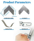 Image showing components of the 18 Pcs Silver Metal Picture Frame Hardware Kit, including L shaped angle brackets, gasket, shrapnel, and hook up.