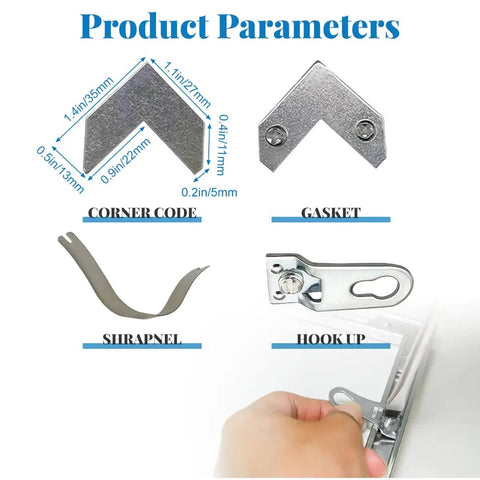 Image showing components of the 18 Pcs Silver Metal Picture Frame Hardware Kit, including L shaped angle brackets, gasket, shrapnel, and hook up.