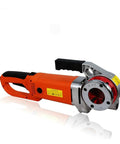 Pro Grade Portable Electric Pipe Threader Featuring A Beefy 2300W Motor And Tough Aluminum Body Built For Tackling Galvanized Iron Pipe On Any Active Job Site Hustle, orange body with metallic threading head.
