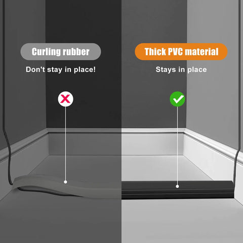 Comparison of curling rubber vs. black Heavy Duty PVC Floor Cord Cover For Wires And Cables, Easy Unroll Floor Cable Management Ramp.
