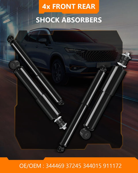 Nissan Frontier And Xterra Front And Rear Shock Absorbers And Struts Set 2000 2001 2002 2003 2004 2WD 4WD Fits All Models Replacement OCPTY 4 Piece Direct Fit Replacement Kit displayed against a backdrop of a vehicle on a road.