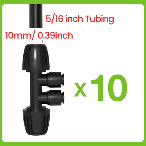 10 Pack Reducing Tee Connectors For Drip Irrigation Five Sixteenths To One Quarter Inch Splitter Tee with dimensions shown