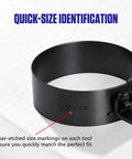 Six Piece Piston Ring Compressor Tool Set with adjustable ring showing size markings for cars, trucks, and motorcycles.