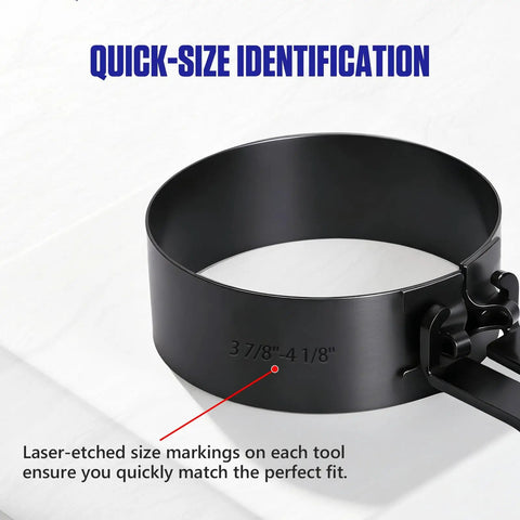 Six Piece Piston Ring Compressor Tool Set with adjustable ring showing size markings for cars, trucks, and motorcycles.