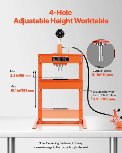 4-Hole adjustable height worktable for 10 Ton H-Frame Hydraulic Shop Press With Plate And Base, featuring 2.3 in to 15.1 in height adjustment.