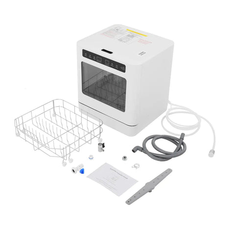 Countertop Dishwasher With Four Power Wash Cycles And Smart Touch Control, Portable Mini Sink Swap For Cozy Kitchens And Units, Compact Footprint Preserves Floor Room While Keeping Dishes Fresh For Days, Makes Chores A Piece Of Cake With Rock Solid, shown with accessories and wash basket.