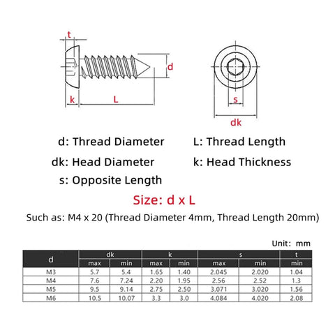 Technical diagram of Self Tapping Wood Screws Set M3 M4 M5 M6 Black Nickel Plated, screw dimensions and specifications chart