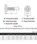 Diagram and table showing dimensions for Heavy Duty Self Tapping Wood Screws Set M3 M4 M5 M6 Hex Pan Head, Nickel Plated 8.8 Grade.