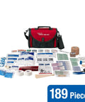 Front view of red and black sports first aid kit duffel bag with 189-piece medical supplies for coaches