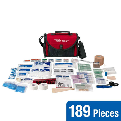 Front view of red and black sports first aid kit duffel bag with 189-piece medical supplies for coaches