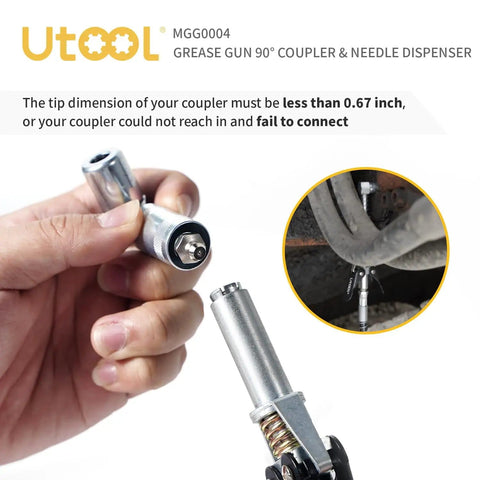 Grease Gun Accessory Kit With 90 Degree Coupler And Needle Nozzle For Hard To Reach Zerk Fittings shown in use