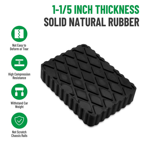 Racewill solid rubber auto lift pad, angled view; black anti-skid block, 6-1/3 x 4-3/4 x 1 in.