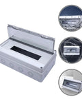 Weatherproof 18-Circuit Outdoor Electrical Junction Box With Distribution Panel Enclosure For Home And RV Use, shown open and closed with water test.