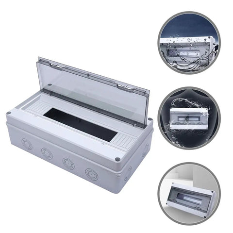Weatherproof 18-Circuit Outdoor Electrical Junction Box With Distribution Panel Enclosure For Home And RV Use, shown open and closed with water test.