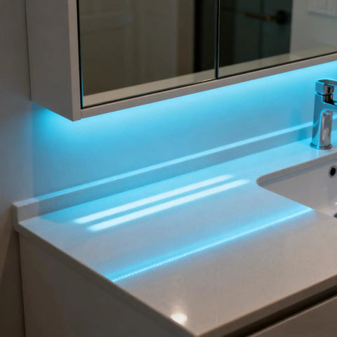 Blue glow from Battery Powered LED Strip Lights With 24 Key Remote for accent lighting under bathroom mirror cabinet