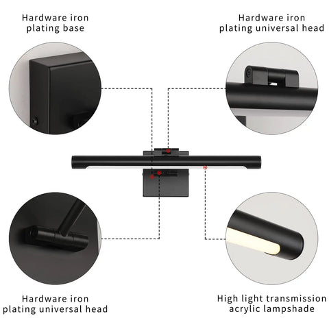 Sleek 16.53 Inch LED Picture Light For Paintings, Black Wall Lamp With Rotatable Light Tube, detailed components view
