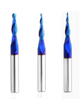 Three Pack Tapered Ball Nose Router Bits One Eighth One Sixteenth One Thirty Second Inch Cutting Diameter One Quarter Inch Shank Sweet Nano Blue Coated Up Cut Solid Carbide CNC Bits For 2D And 3D Carving Two And A Half Inch Overall Length