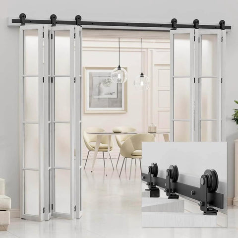 12 Foot Bi Folding Sliding Barn Door Hardware Track Kit for Interior Use Supports Eight Panels That Fold To Both Sides