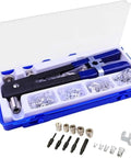 Beefy Heavy Duty Blind Rivet Nut Tool Kit with Hand Riveter, 5 Mandrels M3 M4 M5 M6 M8, 80 Rivet Nuts in a blue plastic case