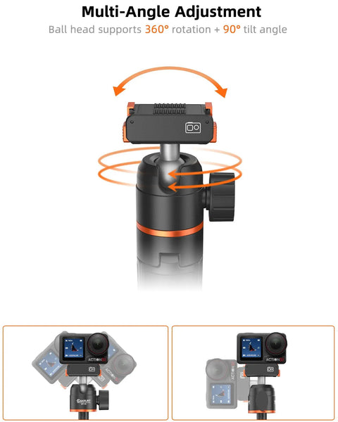 Magnetic Travel Selfie Stick Tripod For DJI Action Cameras showing 360-degree ball head adjustment for multi-angle shots.