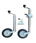 Heavy Duty Swivel Trailer Jack Wheel With Foldable 48mm Stand And Rustproof Galvanized Finish For Off Road Trailers And Beach Rigs No Sweat Pipe Clamp Setup, showing wheels and brackets.